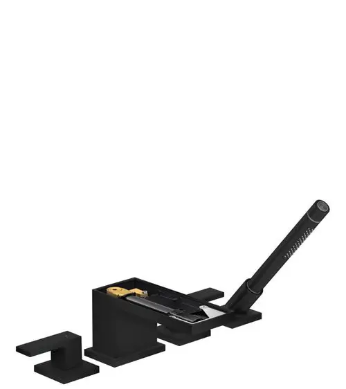 Schwarze 4-Loch-Wannenrandarmatur von AXOR mit separatem Bedienhebel und innovativem Wasserstrahldesign. Komponenten in mattschwarzem Finish.